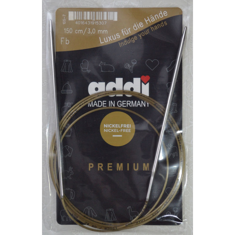 Addi Circular Knitting Needle 150cm x 3.00mm, Smooth White Brass Tips, Gold Cords