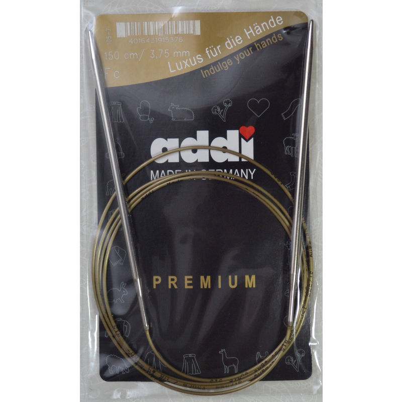 Addi Circular Knitting Needle 150cm x 3.75mm, Smooth White Brass Tips, Gold Cords