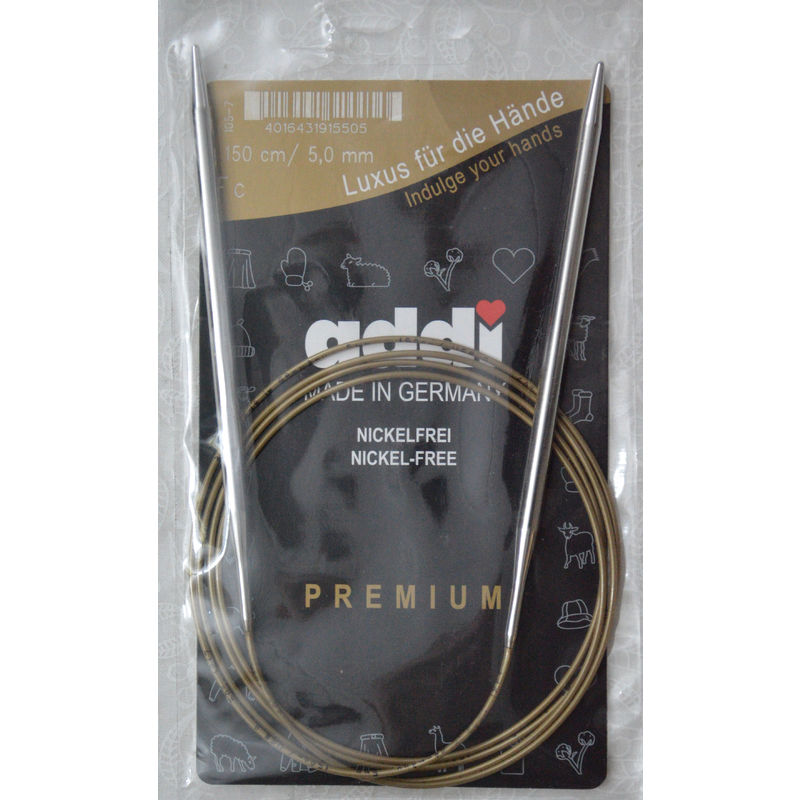 Addi Circular Knitting Needle 150cm x 5.00mm, Smooth White Brass Tips, Gold Cords