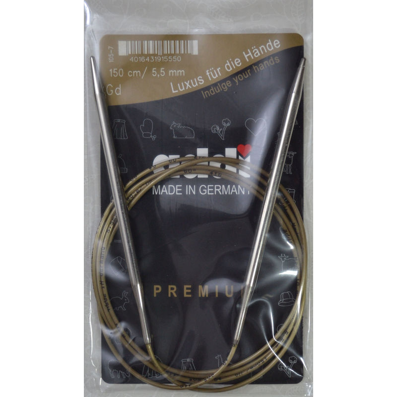 Addi Circular Knitting Needle 150cm x 5.50mm, Smooth White Brass Tips, Gold Cords