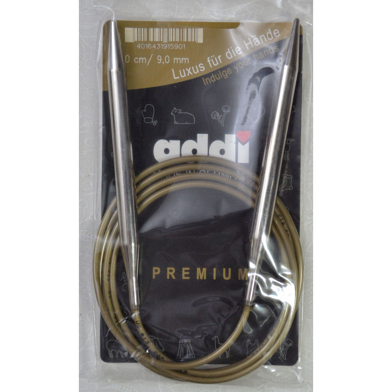 Addi Circular Knitting Needle 150cm x 9.00mm, Smooth White Brass Tips, Gold Cords