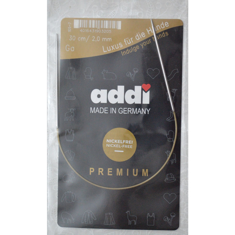 Addi Circular Knitting Needle 30cm x 2.00mm White Brass Tips, Gold Cords