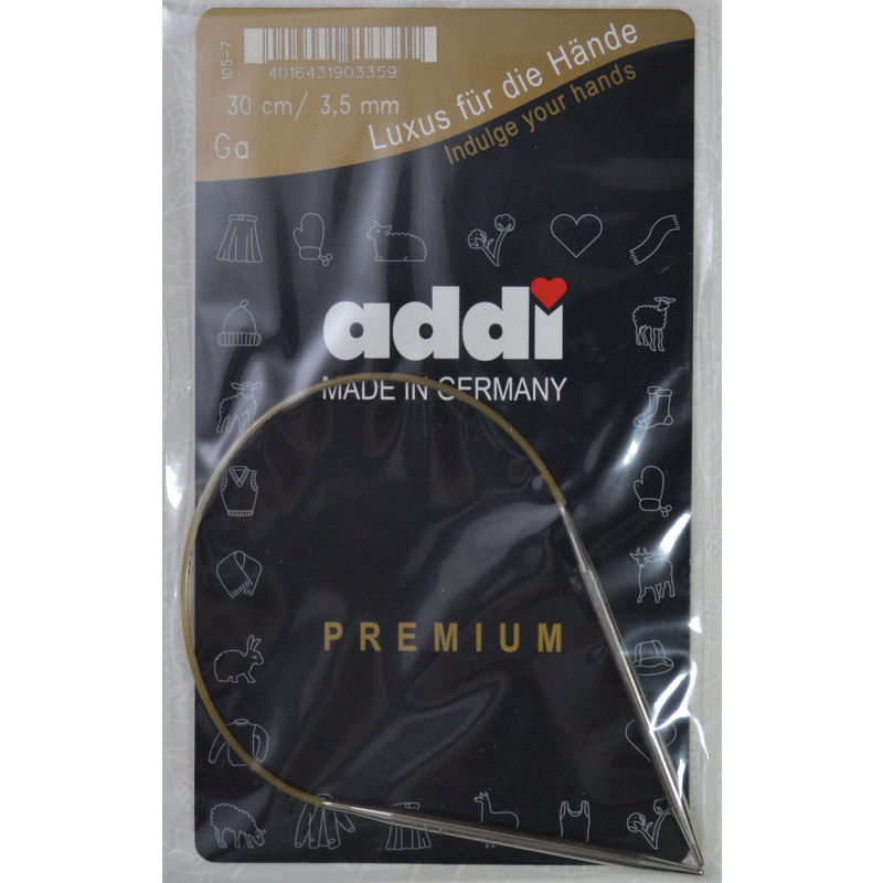 Addi Circular Knitting Needle 30cm x 3.50mm White Brass Tips, Gold Cords