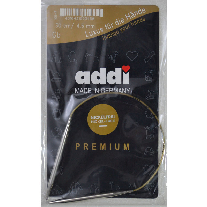 Addi Circular Knitting Needle 30cm x 4.50mm White Brass Tips, Gold Cords