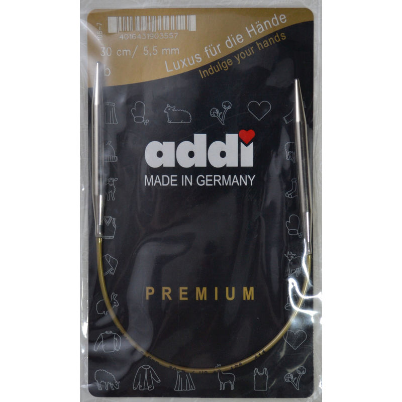 Addi Circular Knitting Needle 30cm x 5.50mm White Brass Tips, Gold Cords