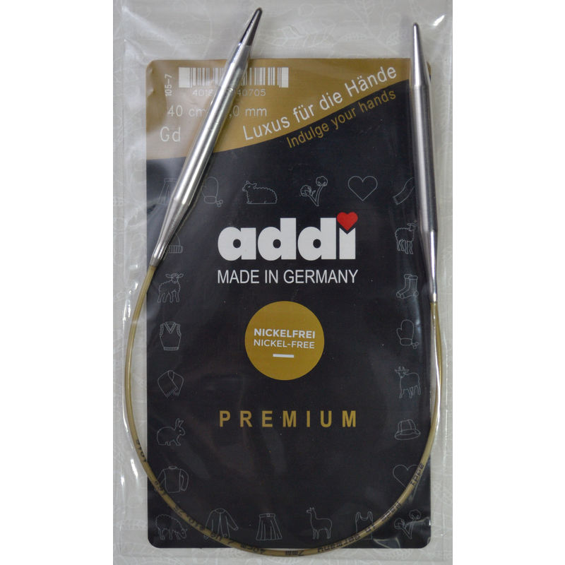 Addi Circular Knitting Needle 40cm x 7.00mm White Brass Tips, Gold Cords