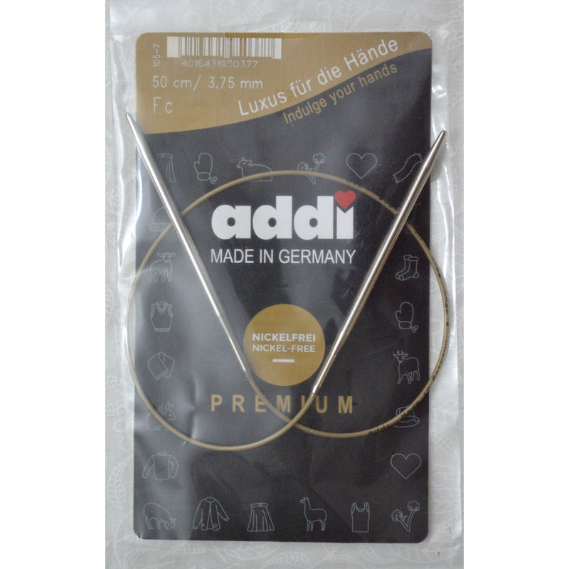Addi Circular Knitting Needle 50cm x 3.75mm White Brass Tips, Gold Cords