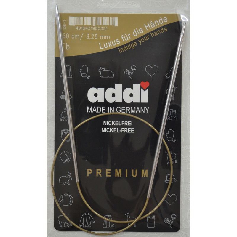 Addi Circular Knitting Needle 60cm x 3.25mm, Smooth White Brass Tips, Gold Cords