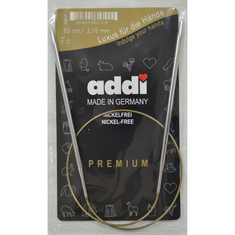Addi Circular Knitting Needle 60cm x 3.75mm, Smooth White Brass Tips, Gold Cords