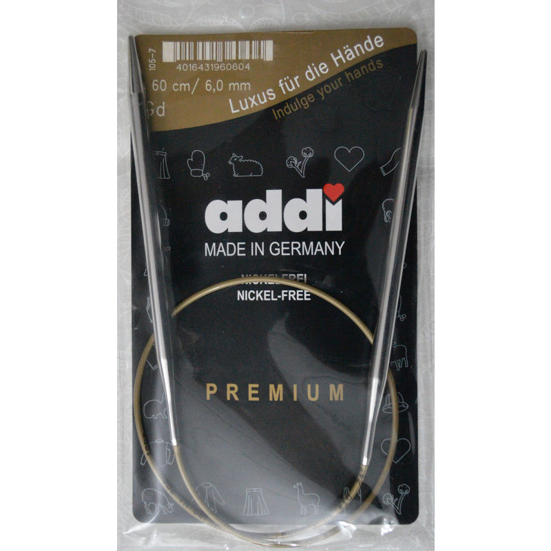 Addi Circular Knitting Needle 60cm x 6.00mm, Smooth White Brass Tips, Gold Cords