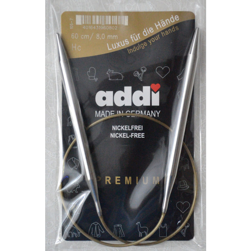 Addi Circular Knitting Needle 60cm x 8.00mm, Smooth White Brass Tips, Gold Cords