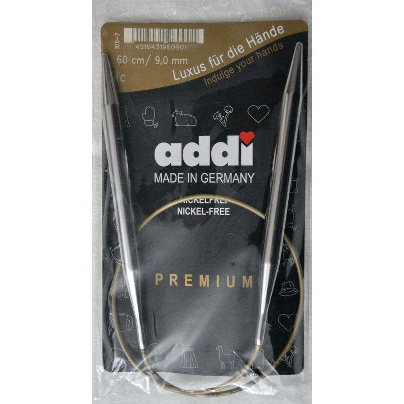 Addi Circular Knitting Needle 60cm x 9.00mm, Smooth White Brass Tips, Gold Cords