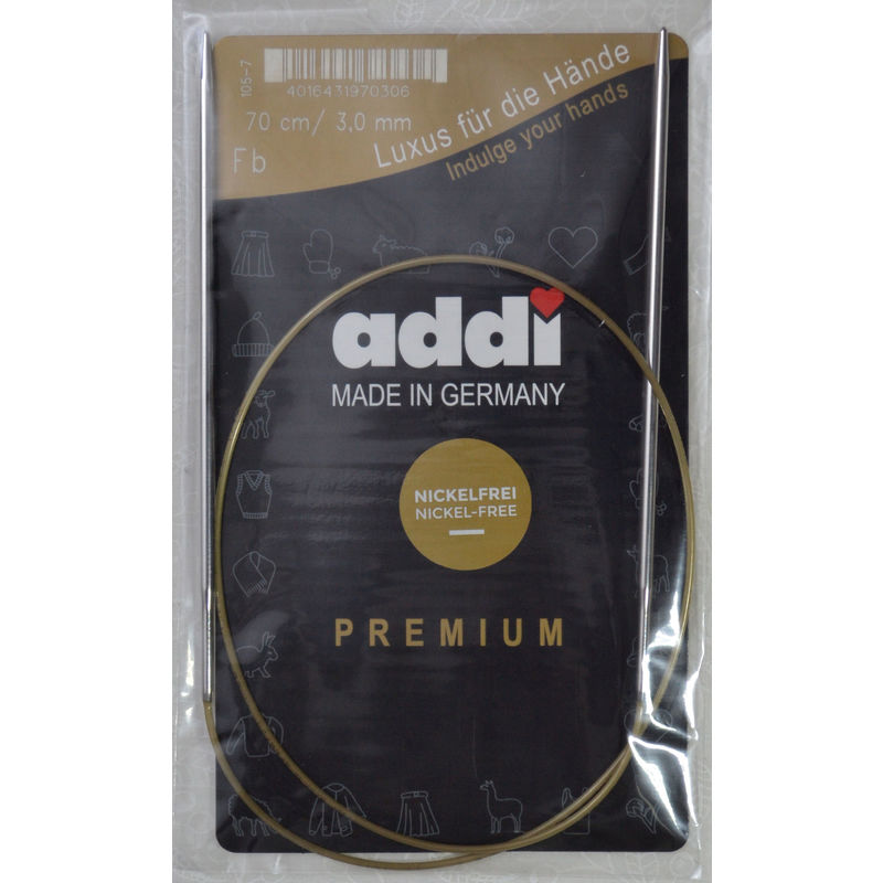 Addi Circular Knitting Needle 70cm x 3.00mm, Smooth White Brass Tips, Gold Cords