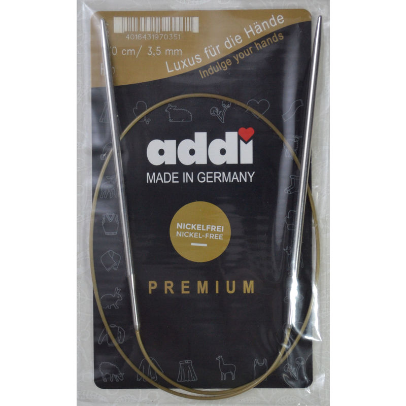 Addi Circular Knitting Needle 70cm x 3.50mm, Smooth White Brass Tips, Gold Cords