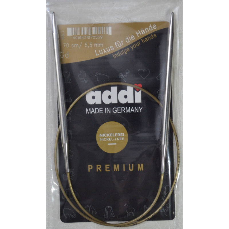 Addi Circular Knitting Needle 70cm x 5.50mm, Smooth White Brass Tips, Gold Cords