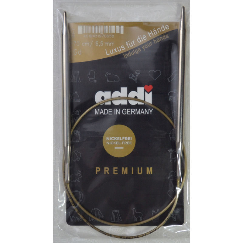 Addi Circular Knitting Needle 70cm x 6.50mm, Smooth White Brass Tips, Gold Cords