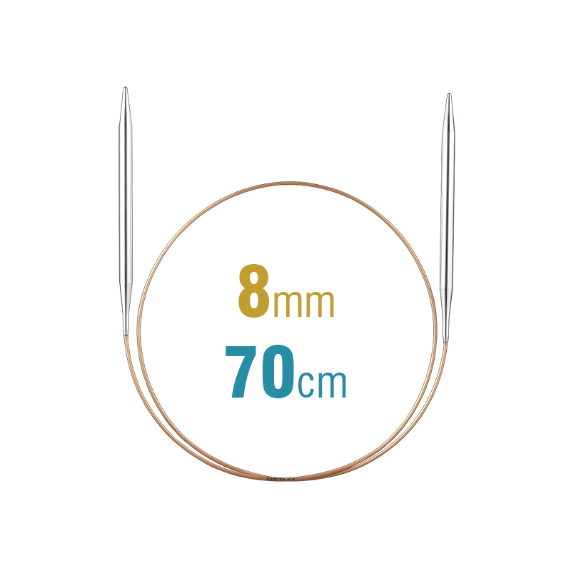 Addi Circular Knitting Needle 70cm x 8.00mm, Smooth White Brass Tips, Gold Cords