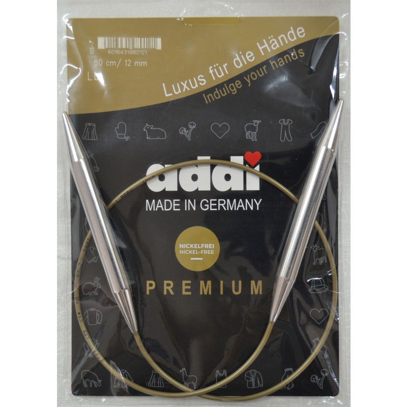 Addi Circular Knitting Needle 80cm x 12mm, Smooth White Brass Tips, Gold Cords