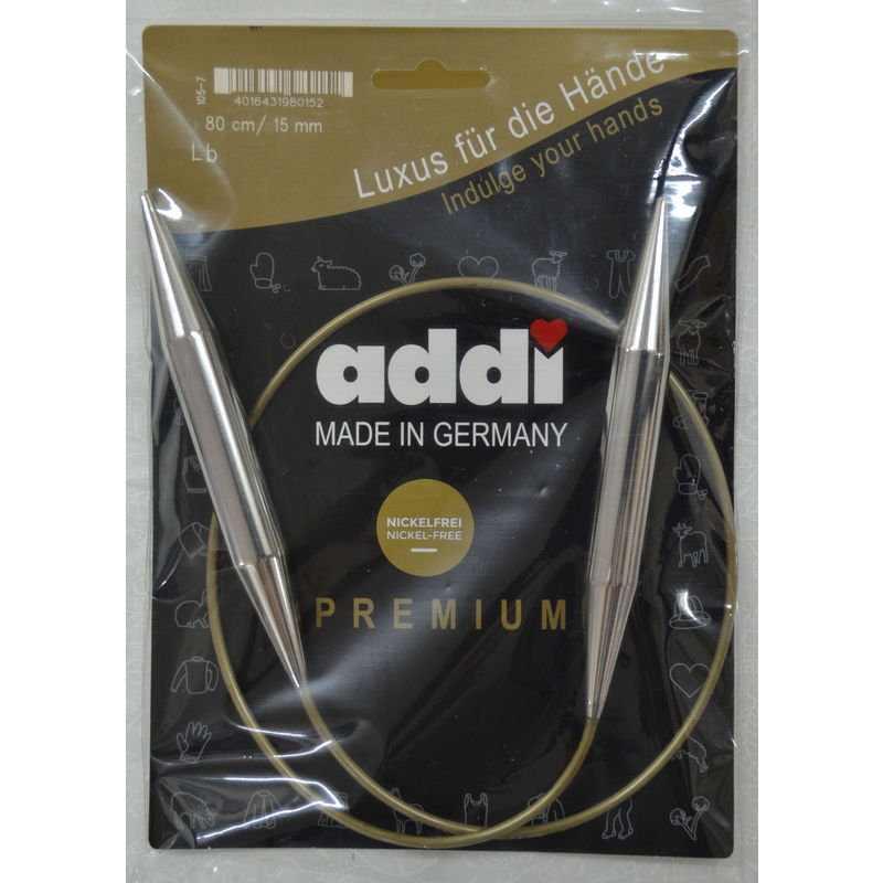 Addi Circular Knitting Needle 80cm x 15mm, Smooth White Brass Tips, Gold Cords