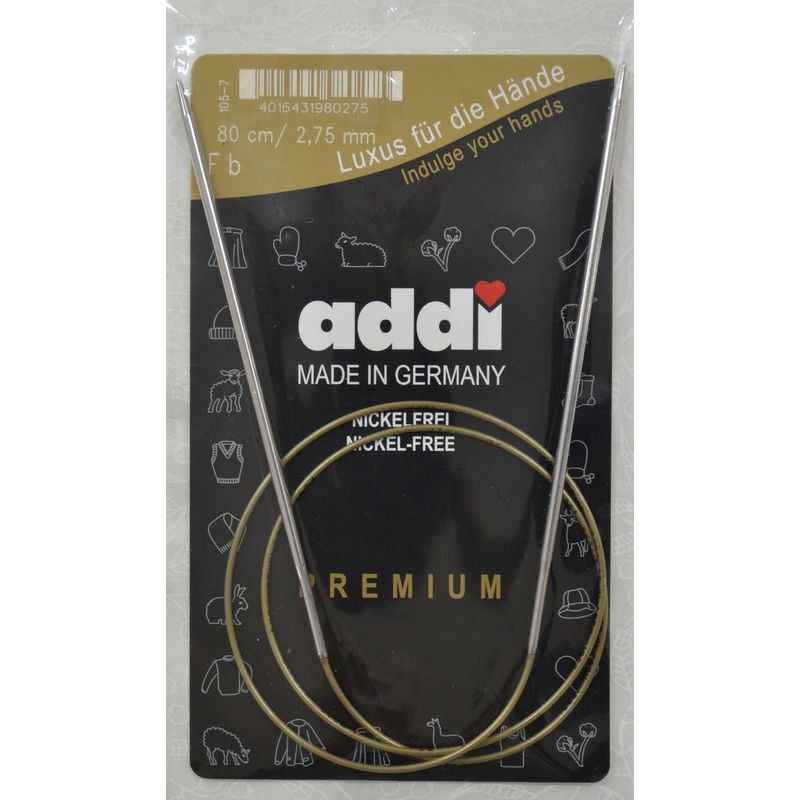 Addi Circular Knitting Needle 80cm x 2.75mm, Smooth White Brass Tips, Gold Cords