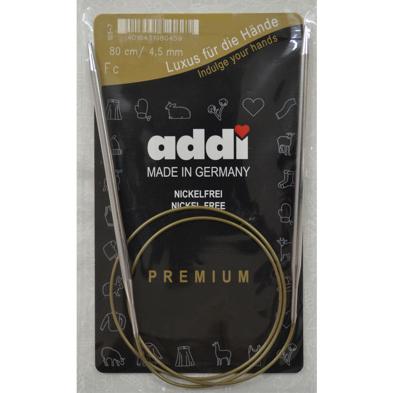 Addi Circular Knitting Needle 80cm x 4.50mm, Smooth White Brass Tips, Gold Cords