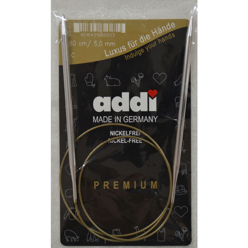 Addi Circular Knitting Needle 80cm x 5.00mm, Smooth White Brass Tips, Gold Cords