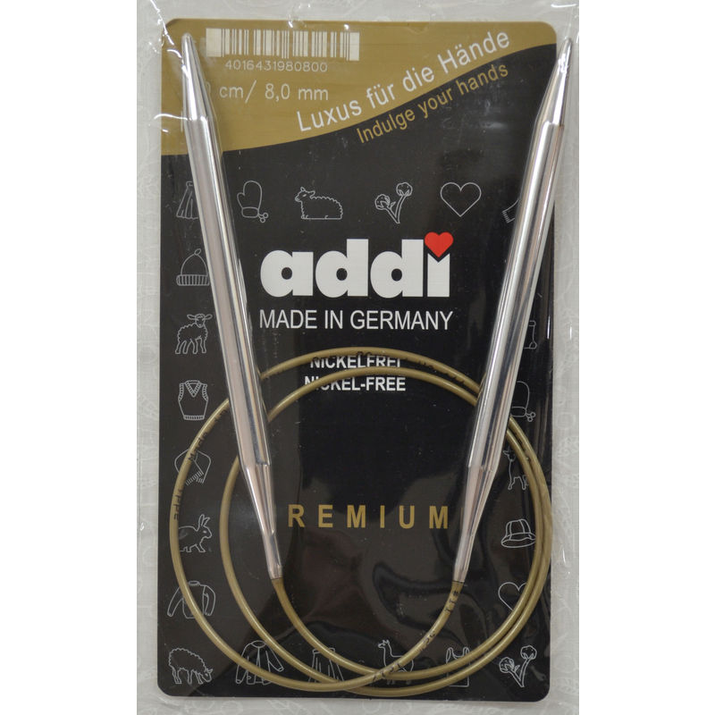 Addi Circular Knitting Needle 80cm x 8.00mm, Smooth White Brass Tips, Gold Cords