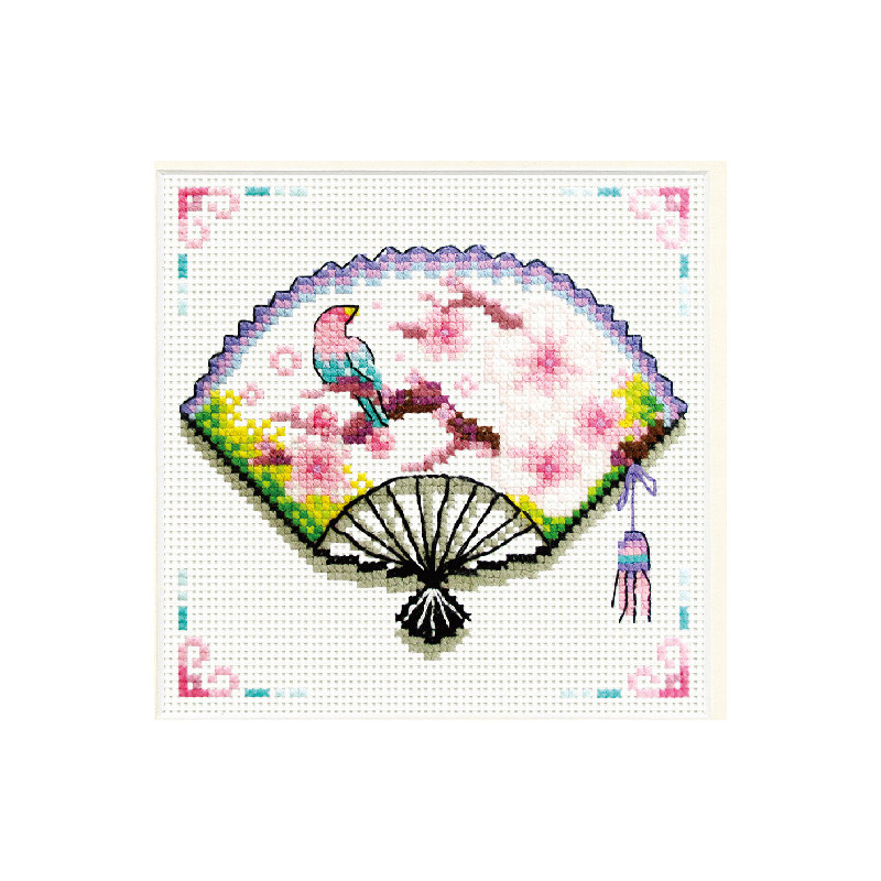 No Count Cross Stitch Kit Cherry Blossom Fan 12 x 12cm, Needleart World