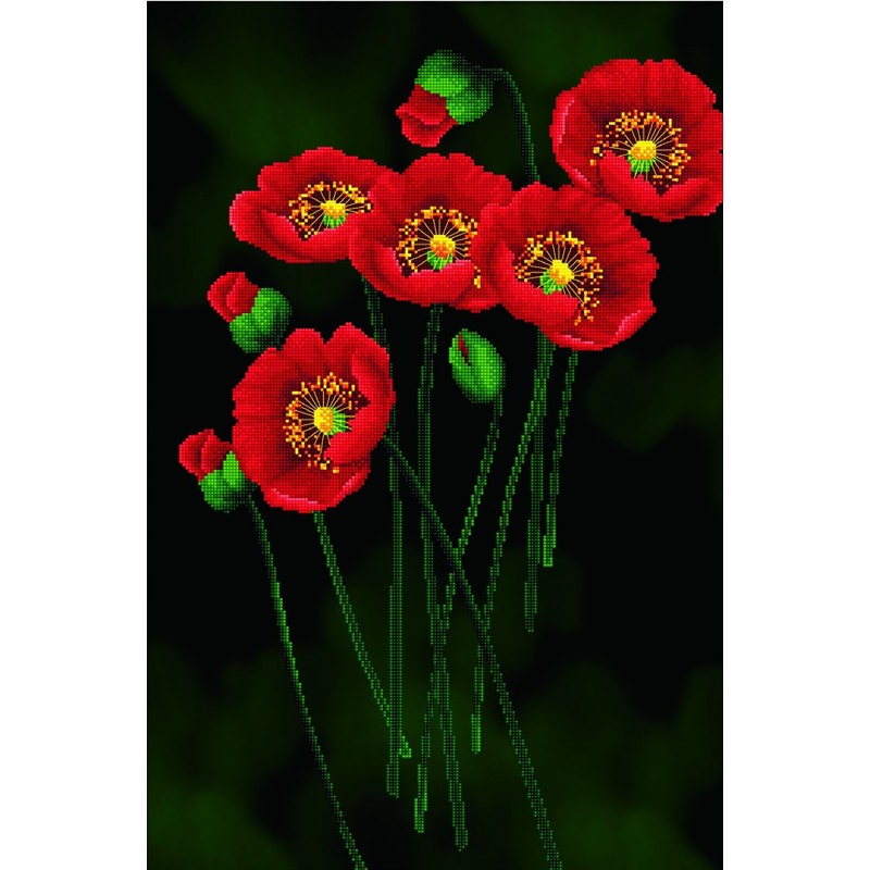 RED POPPIES ON BLACK MC650.011, No Count Cross Stitch Kit, 41 x 62cm