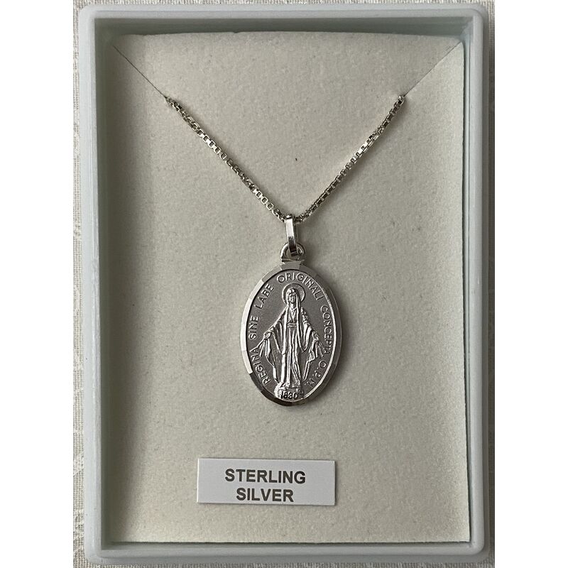 Sterling Silver Miraculous Medal and Chain In Box