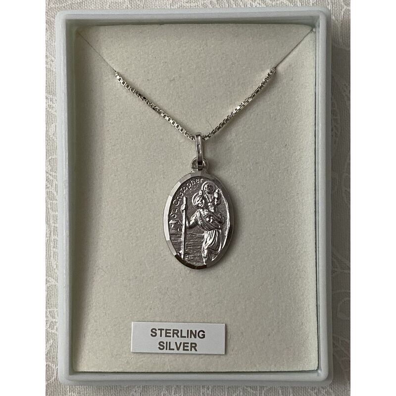 Sterling Silver Saint Christopher Medal and Chain, Gift Boxed