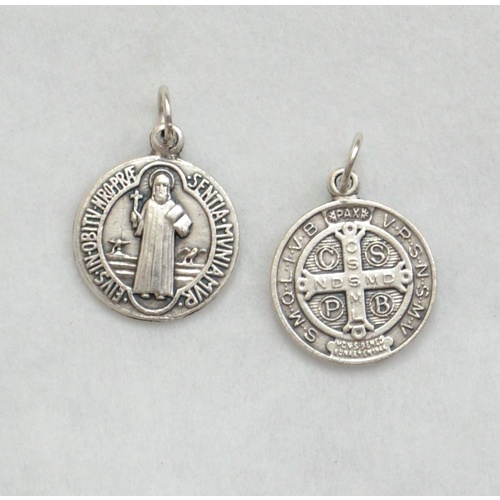 Saint Benedict Round Medal Pendant, 18mm Silver Oxide, Made In Italy Quality