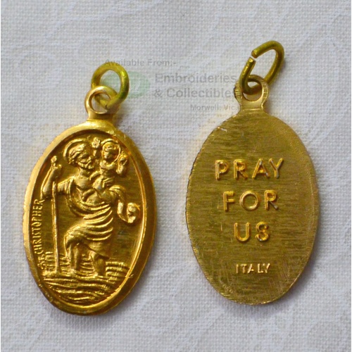 St Christopher Medal Pendant, 20mm x 14mm Gold Tone Aluminium, Made In Italy