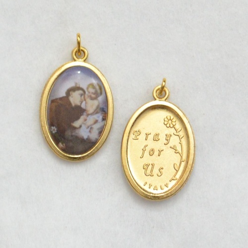 St Anthony Coloured Picture Medal Pendant, 20mm x 15mm Gold Tone, Made In Italy
