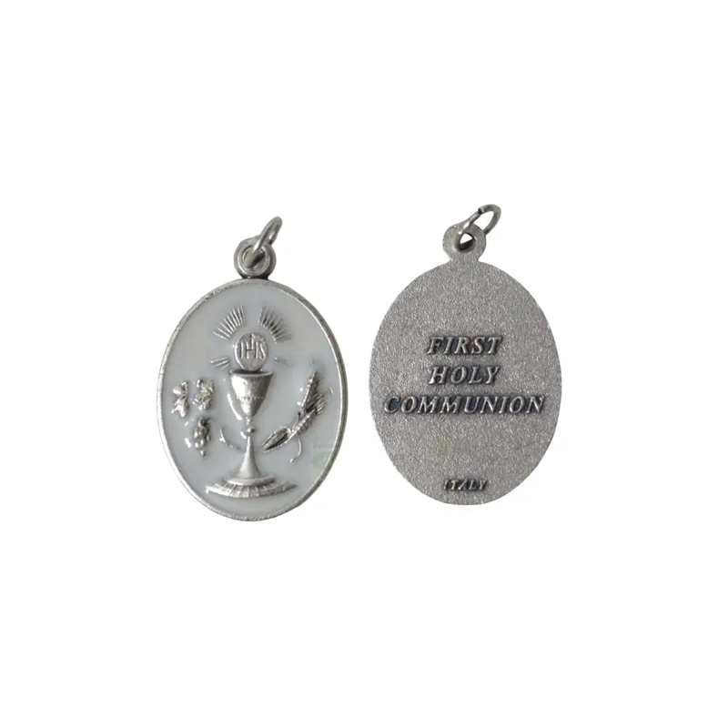 Communion Medal Pendant, Silver Tone, White Enamelled, Medal is 21mm x 28mm