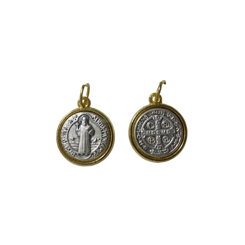 St Benedict 2 Tone Medal Pendant 14mm, Made in Italy