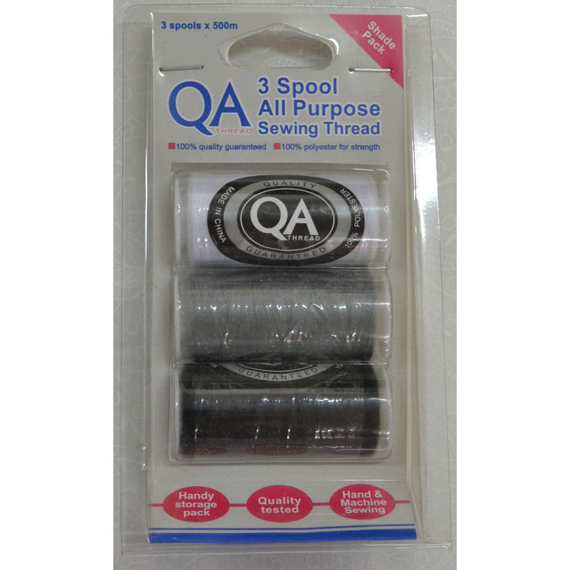 QA Thread 3 Spool x 500m All Purpose Sewing Thread BLACK, WHITE, GREY