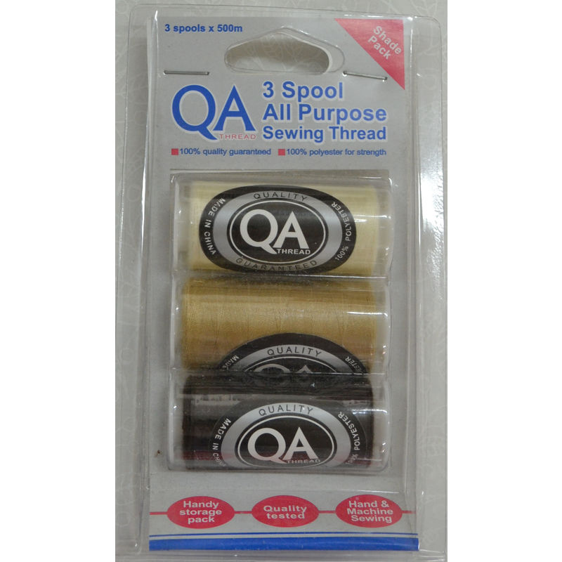QA Thread 3 Spool x 500m Pack of All Purpose Sewing Thread, NATURAL, FAWN, DARK BROWN