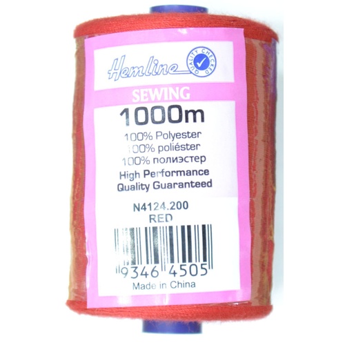 Hemline 100% Polyester Sewing & Overlocking Thread 1000m Spool, RED