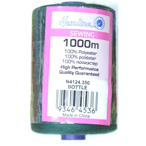 Hemline 100% Polyester Sewing & Overlocking Thread 1000m Spool, BOTTLE GREEN