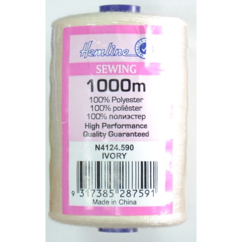 Hemline 100% Polyester Sewing & Overlocking Thread 1000m Spool, IVORY