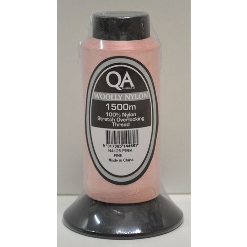 QA Woolly Nylon 1500m Cone, PINK, 100% Nylon Stretch Overlocking Thread, Serger Thread