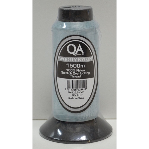 QA Woolly Nylon 1500m Cone, SKY BLUE, 100% Nylon Stretch Overlocking Thread, Serger Thread