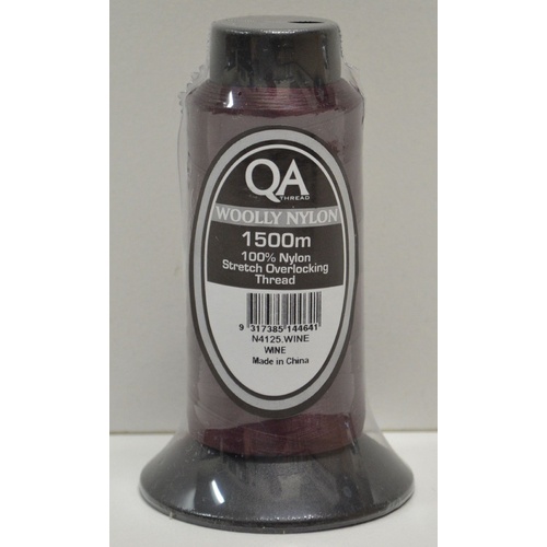 QA Woolly Nylon 1500m Cone, WINE, 100% Nylon Stretch Overlocking Thread, Serger