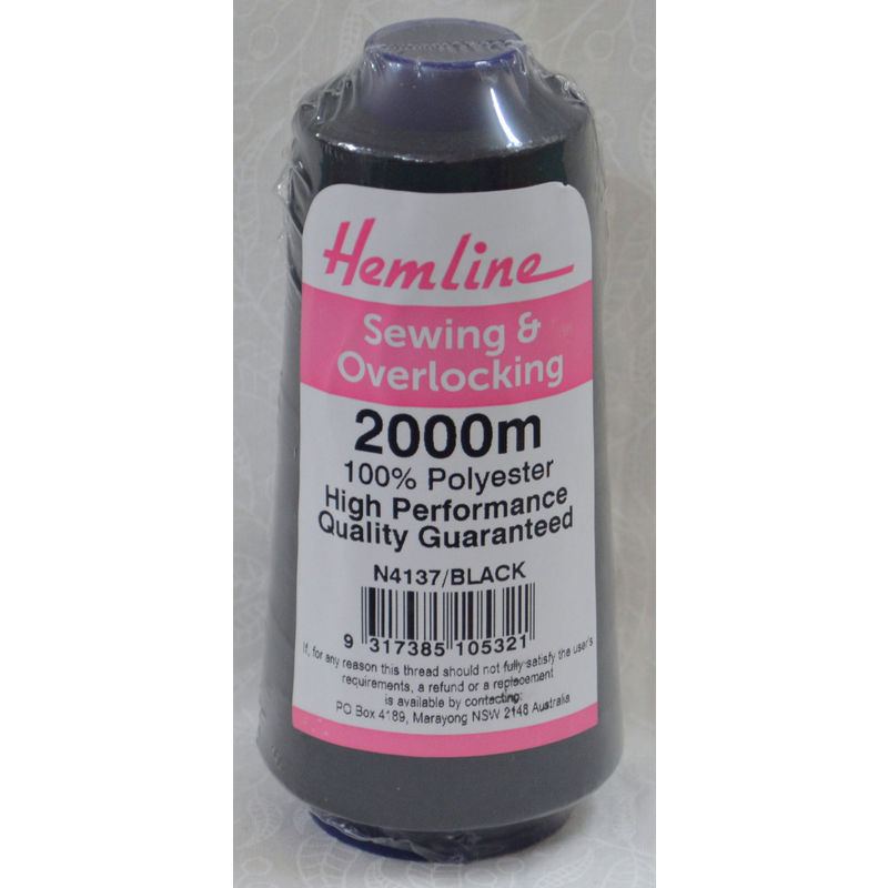 HEMLINE Overlocker & Sewing Thread 2000m, BLACK, 100% Polyester Thread