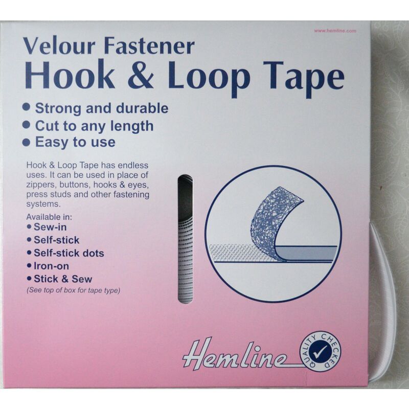 Hemline Hook & Loop Tape, SEW IN Velour Fastener, 25mm WHITE, Per Metre