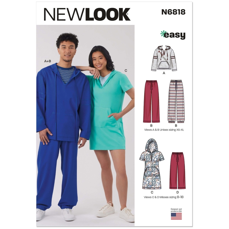 Unisex Knit Hoodie & Trousers & Misses’ Knit Dress, New Look Sewing Pattern 6818