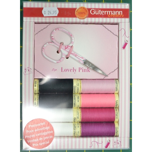 Gutermann Lovely Pink Pack, 8 Polyester Sew All Thread + Pink Embroidery Scissors