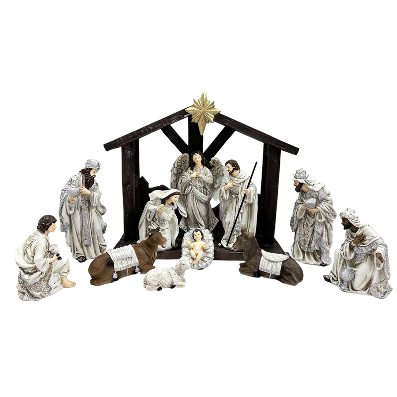  Nativity Set & Stable - 11pcs 200mm Silver Colour Resin Stable & Pieces