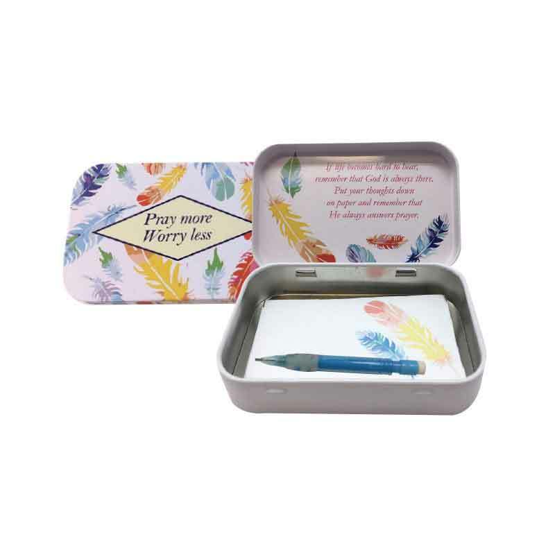Pray More Worry Less Tin Prayer Box, 98 x 60mm, With Mini Pencil & Note Pad